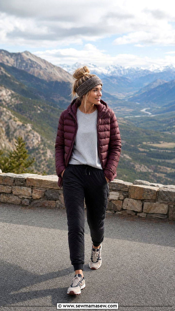 Down jacket and quilted joggers outfit - 35 Mountain vacation outfit ideas