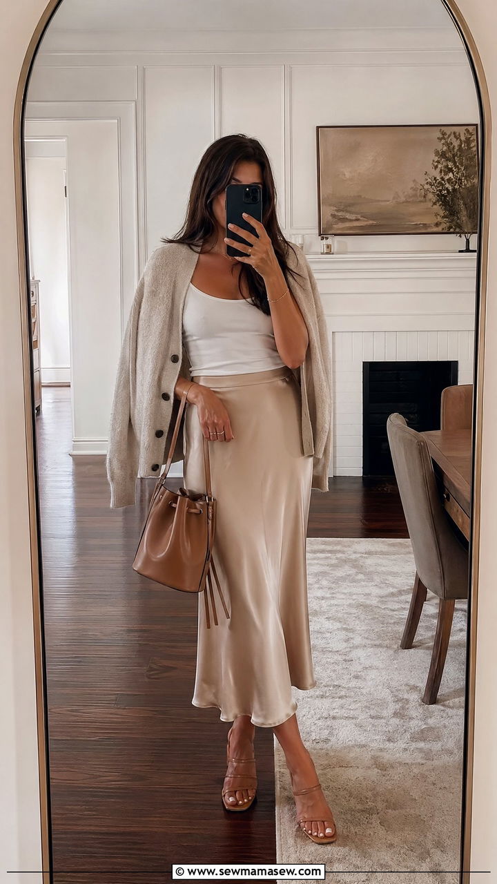 Draped cardigan with slip skirt - 35 Summer outfits with cardigan