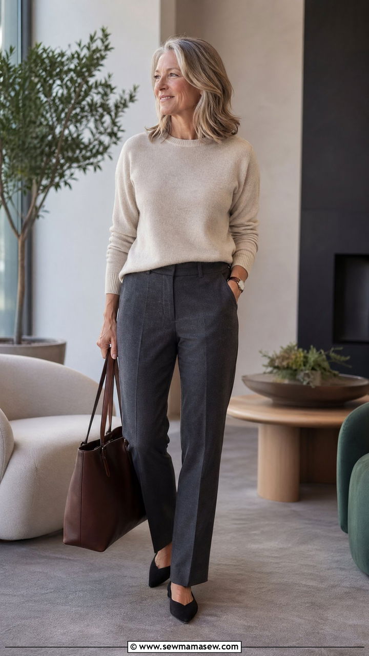 Dress pants with a cashmere crewneck - 35 Work outfits for women over 50