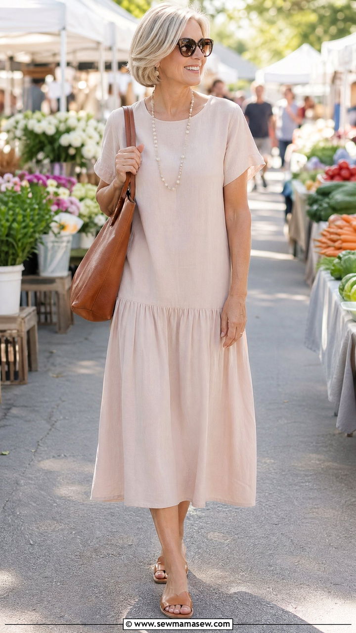 Drop Waist Midi Dress With Flat Sandals And A Leather Tote - 35 Vacation outfits for women over 50