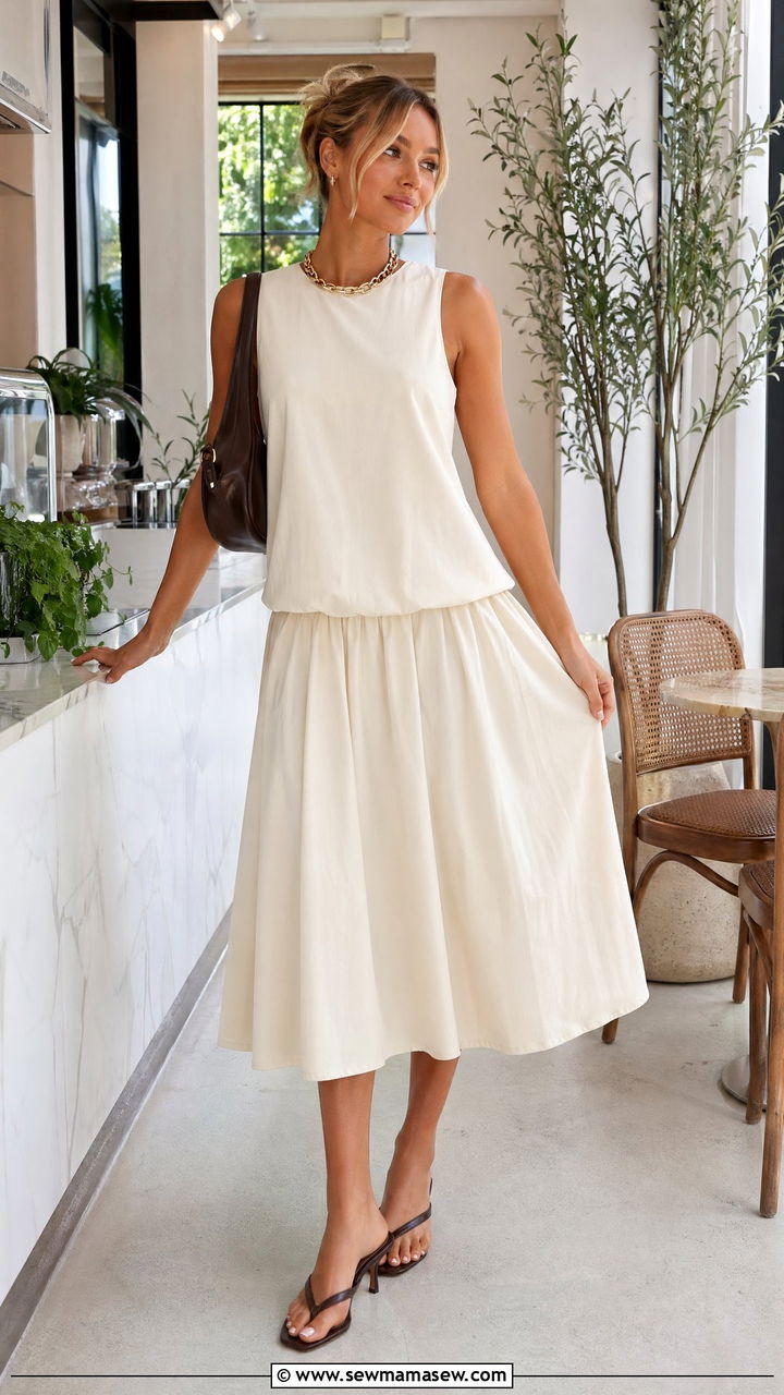 Drop Waist Midi Dress With Heeled Flip Flops - 35 Summer outfits with midi dresses