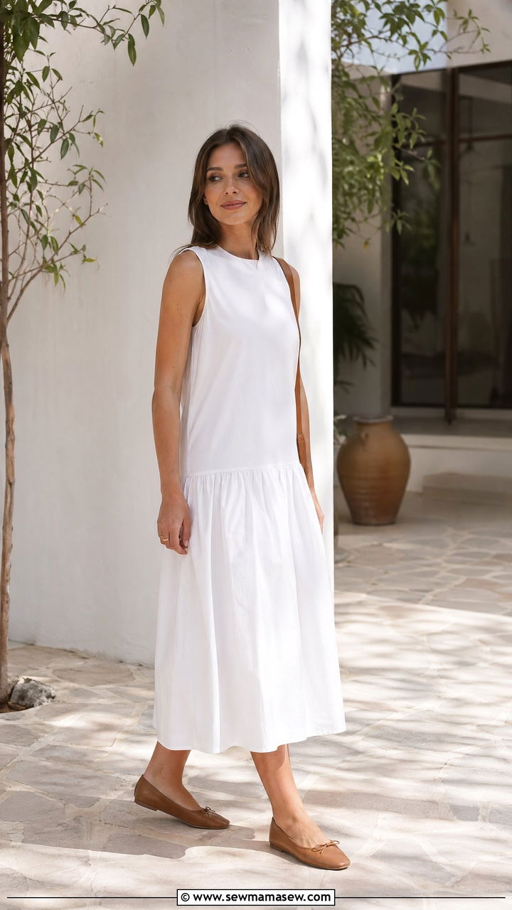Drop Waist White Midi Dress - 35 spring all white outfit ideas