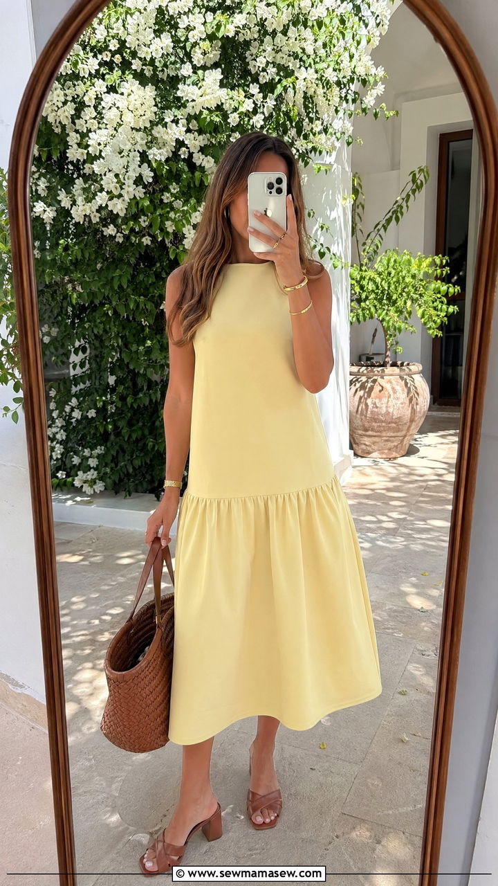 Drop waist midi dress with block heel sandals and a woven tote - 35 Spring outfit ideas 2026