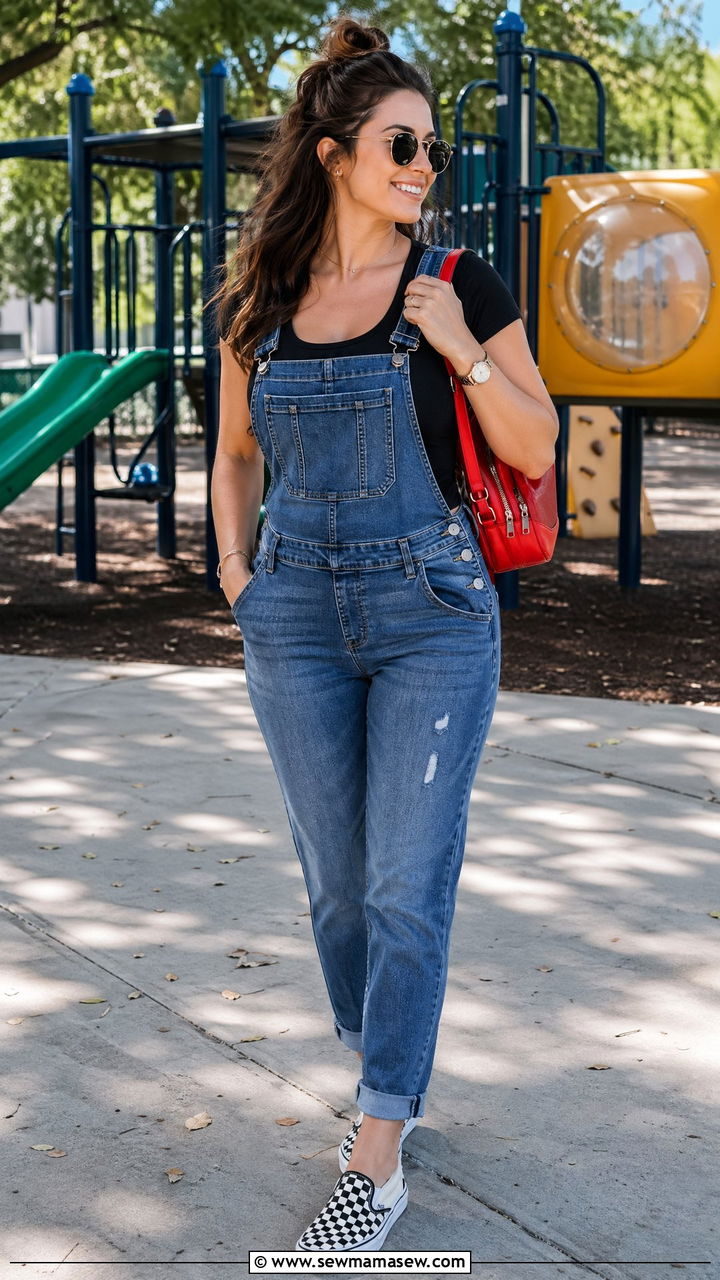 Dungarees with short sleeve bodysuit - 35 spring outfits for new moms
