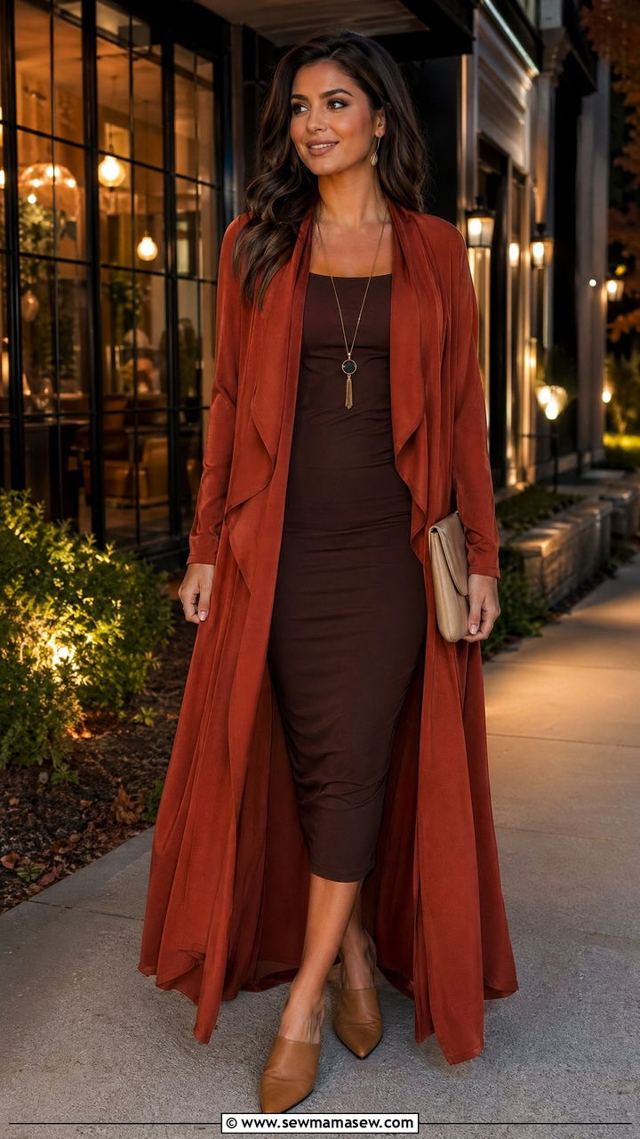 Duster Coat Over Bodycon Dress With Mules - 35 Cover up dress outfit ideas