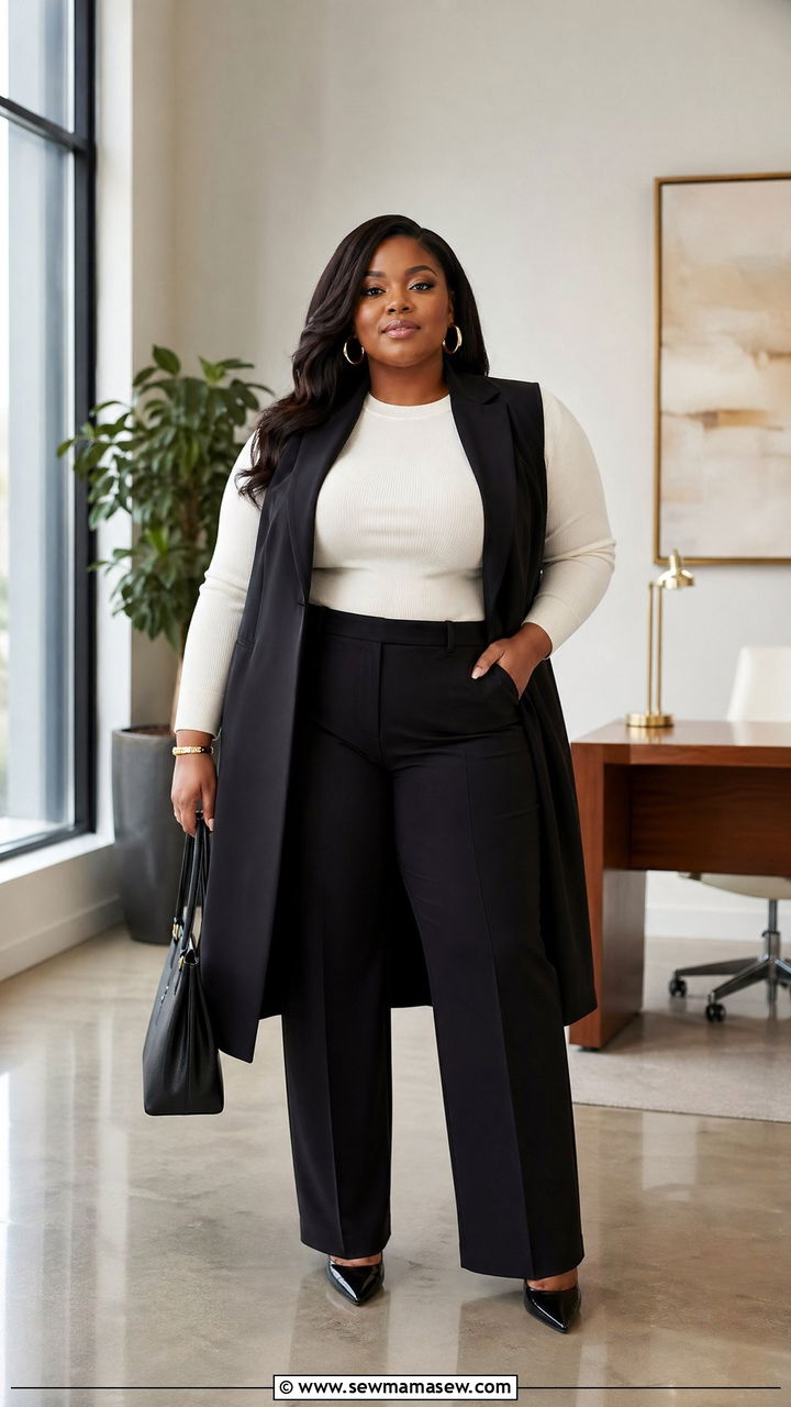 Duster Vest With Straight Leg Trousers Outfit - 35 work outfits for plus size women