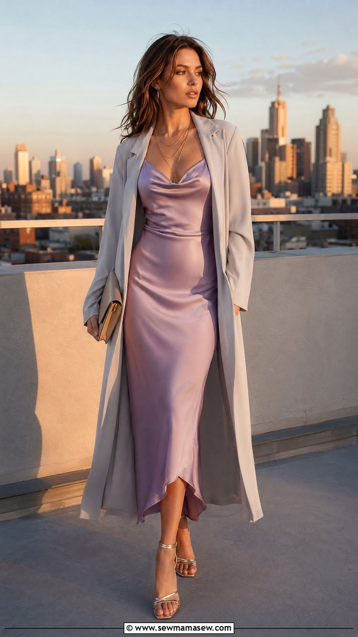Duster coat over a satin slip dress - 35 spring romantic outfit ideas