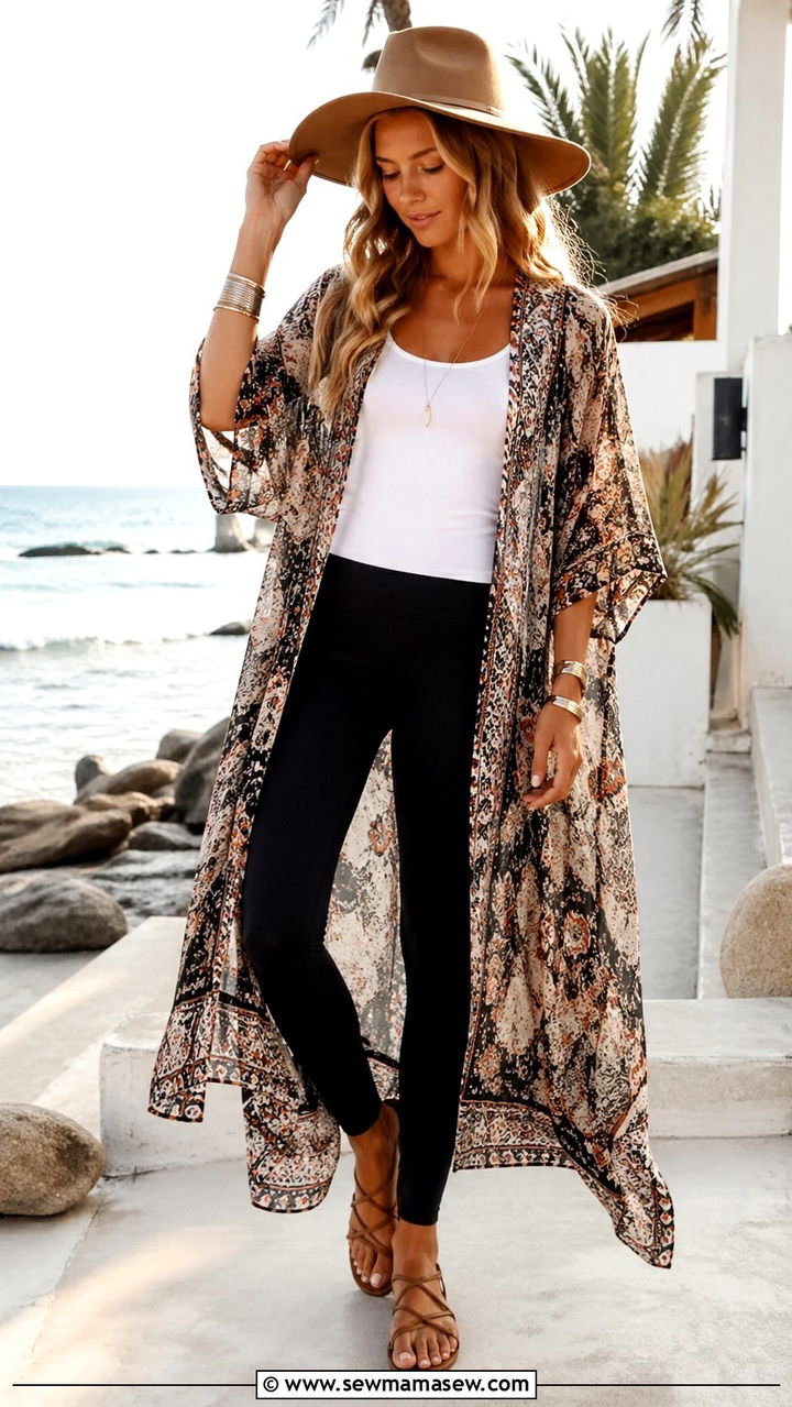 Duster kimono with leggings and camisole - 30 spring leggings outfit ideas