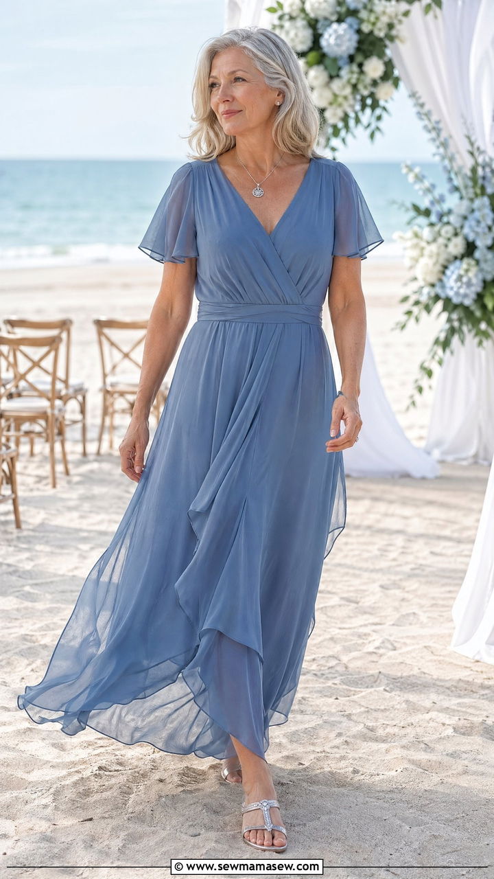 Dusty Blue Chiffon Maxi Dress with Silver Sandals - 35 Wedding guest outfits for women over 50