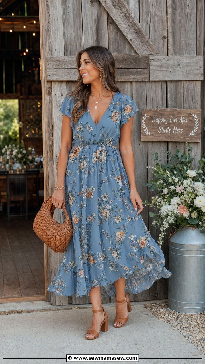 Dusty Blue Floral Print Midi Dress Wedding Guest - 30 Blue dress outfit ideas for wedding guest