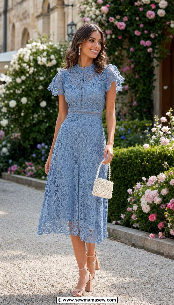 Dusty Blue Lace Midi Dress Wedding Guest - 30 Blue dress outfit ideas for wedding guest