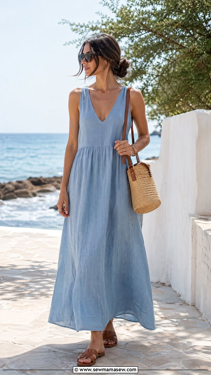 Dusty Blue Linen Maxi Dress With Flat Brown Slides - 35 summer minimalist outfit ideas