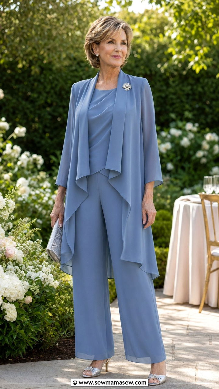Dusty Blue Three Piece Chiffon Pantsuit - 35 Mother of the groom outfit ideas