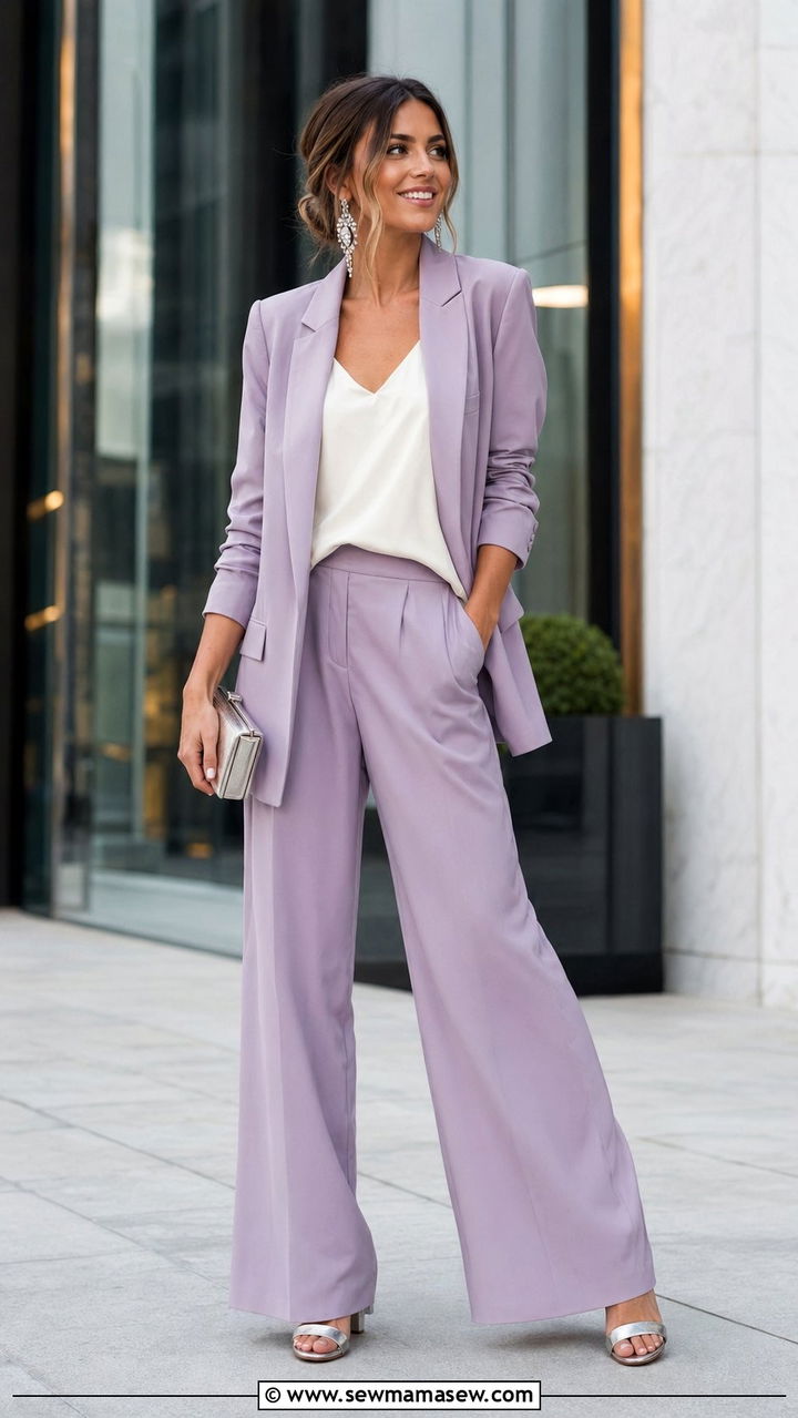 Dusty Lavender Blazer and Trouser Set Wedding Guest Outfit - 35 Pastel wedding guest outfits