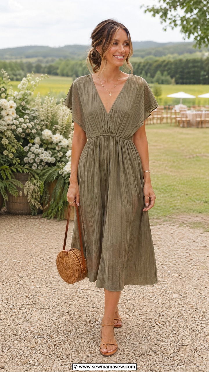 Dusty Olive Tiered Crinkle Dress With Tan Accessories - 35 Wedding guest outfit ideas 2026