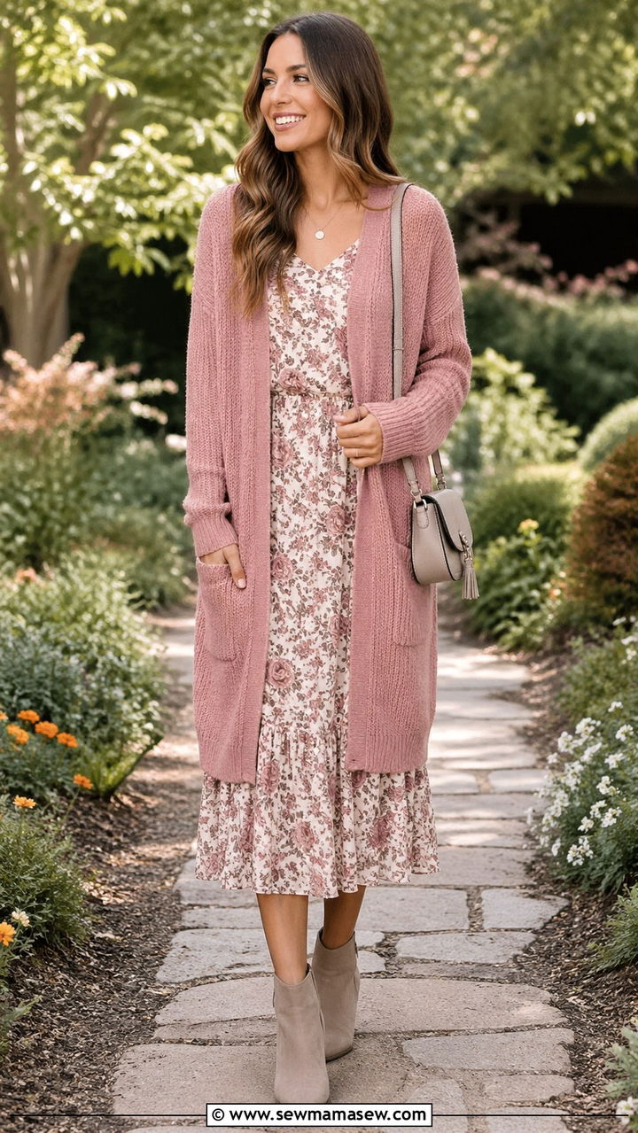 Dusty Pink Cardigan Outfit With Floral Dress - 40 All dusty pink outfit ideas
