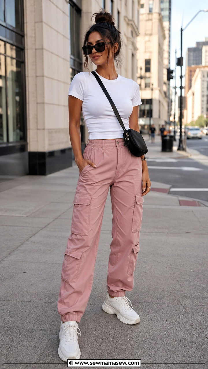 Dusty Pink Cargo Pants Outfit With Fitted Tee - 40 All dusty pink outfit ideas