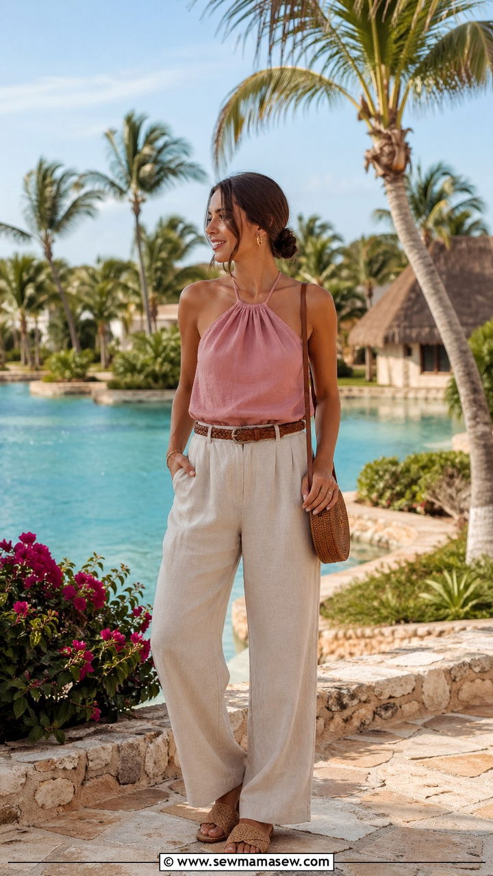 Dusty Pink Halter Top Outfit With Linen Pants - 40 All dusty pink outfit ideas