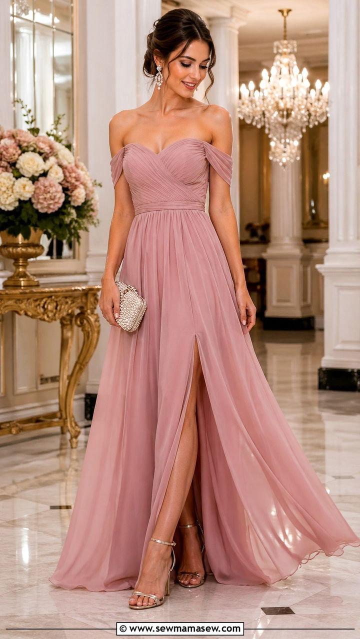 Dusty Pink Off Shoulder Maxi Dress Outfit With Clutch - 40 All dusty pink outfit ideas