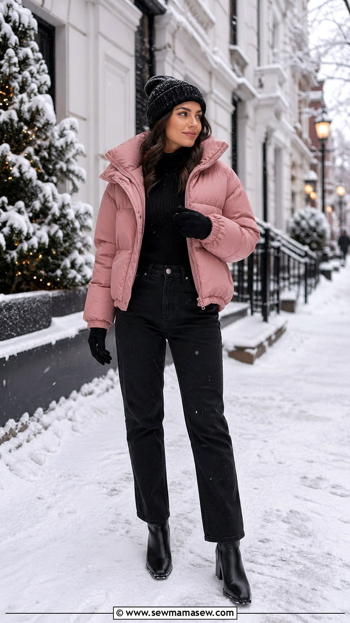 Dusty Pink Puffer Jacket Outfit With Black Jeans - 40 All dusty pink outfit ideas