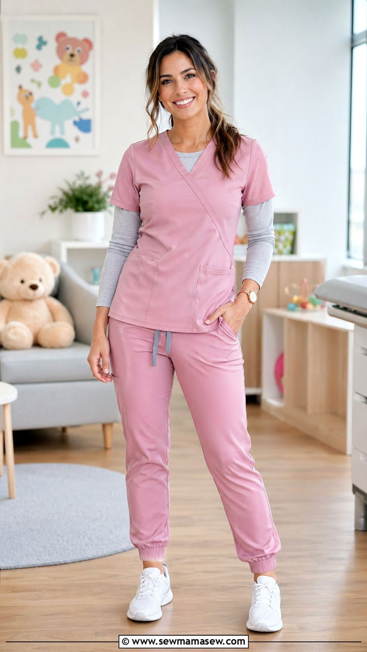 Dusty Pink Scrubs with Gray Undershirt - 35 Scrubs outfit ideas