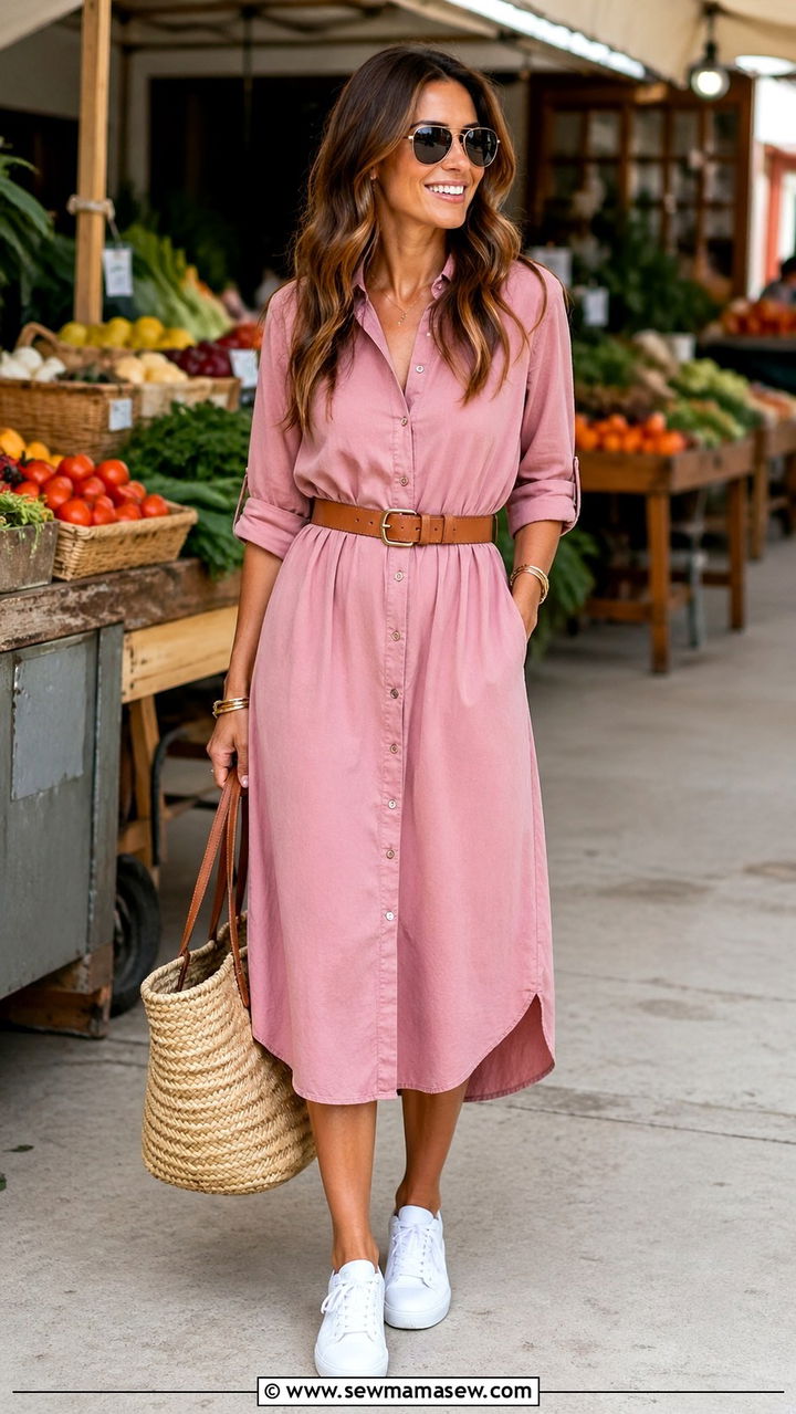 Dusty Pink Shirt Dress Outfit With Belt - 40 All dusty pink outfit ideas