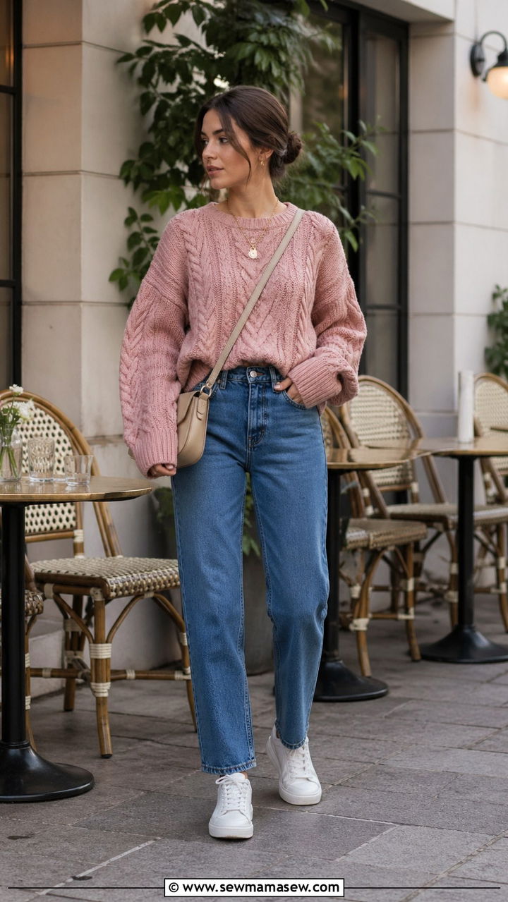 Dusty Pink Sweater Outfit With Jeans - 40 All dusty pink outfit ideas