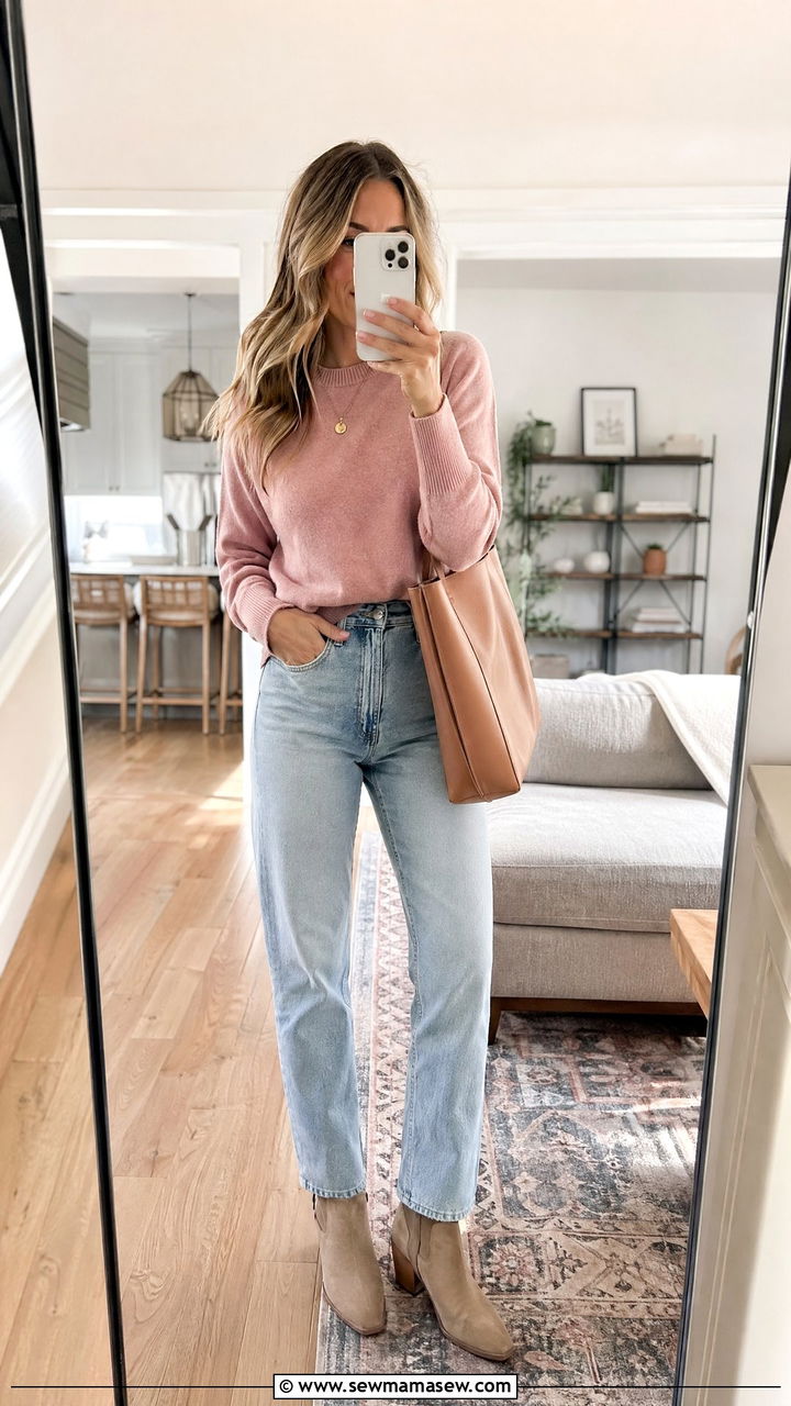 Dusty Pink Sweater and Light Wash Jeans Outfit - 35 Spring pink outfit ideas