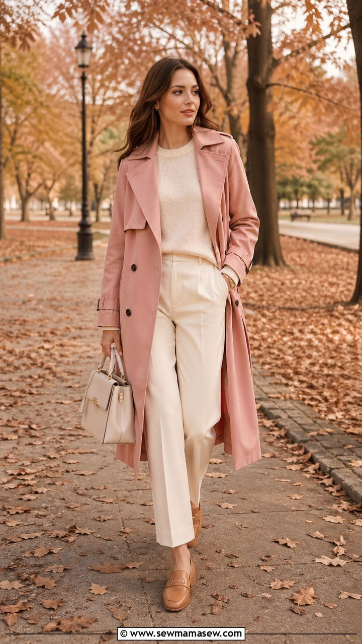 Dusty Pink Trench Coat Outfit With Cream Knit - 40 All dusty pink outfit ideas