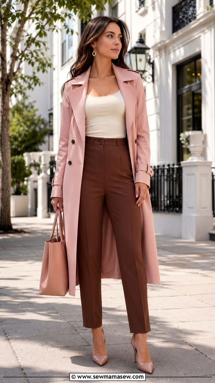 Dusty Pink Trench Coat with Chocolate Brown Trousers - 30 spring color blocking outfit ideas