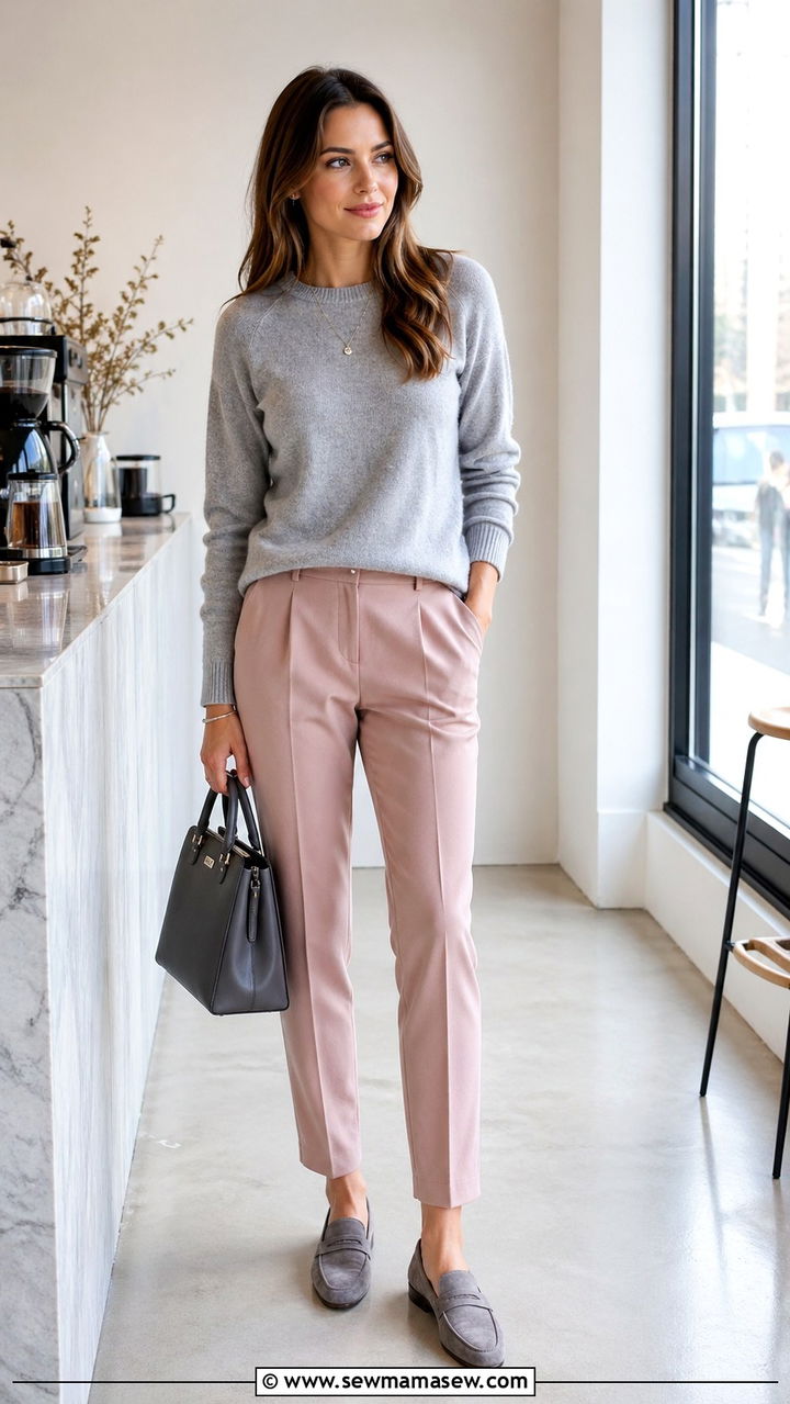 Dusty Pink Trousers Outfit With Grey Sweater - 40 All dusty pink outfit ideas