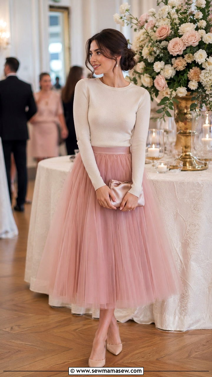 Dusty Pink Tulle Skirt Outfit With Fitted Sweater - 40 All dusty pink outfit ideas