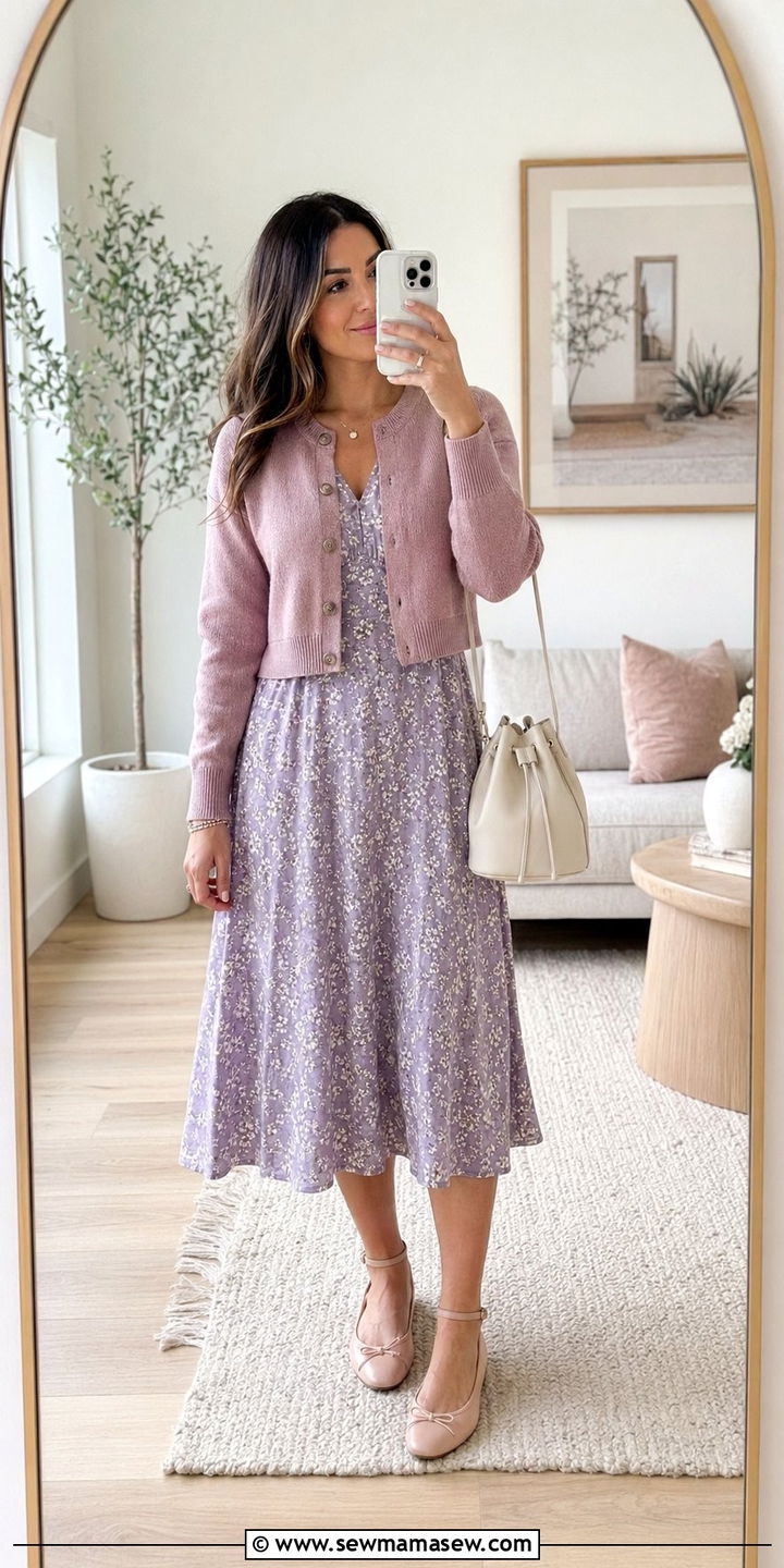 Dusty Rose Cardigan And Floral Dress - 35 Romantic spring outfits