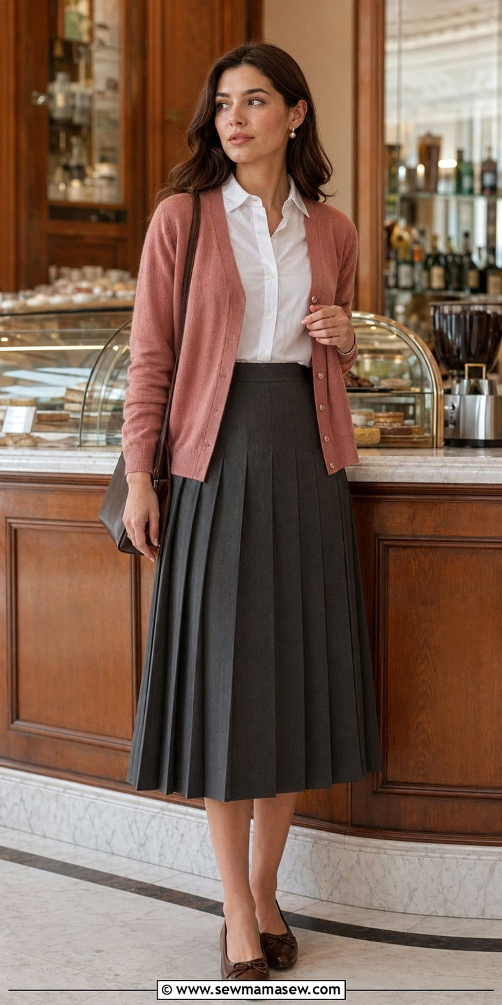 Dusty Rose Cardigan with Charcoal Midi Skirt - 35 Modest outfit ideas old money