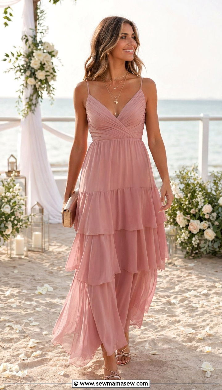 Dusty Rose Chiffon Maxi Dress Wedding Outfit - 30 What to wear to a wedding over 40