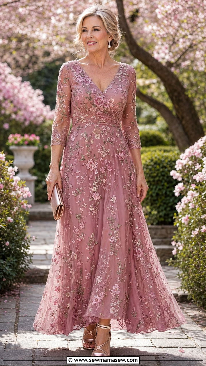 Dusty Rose Floral Embroidered Maxi Dress - 35 Mother of the groom outfit ideas