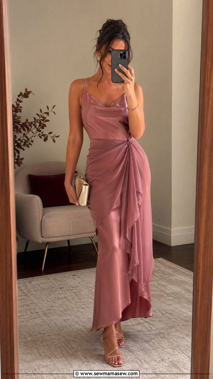 Dusty Rose Satin Slip With Draped Overlay - 35 wedding guest outfits