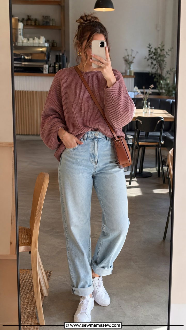 Dusty Rose Sweater and Light Wash Jeans Outfit - 35 Spring outfits in pastel