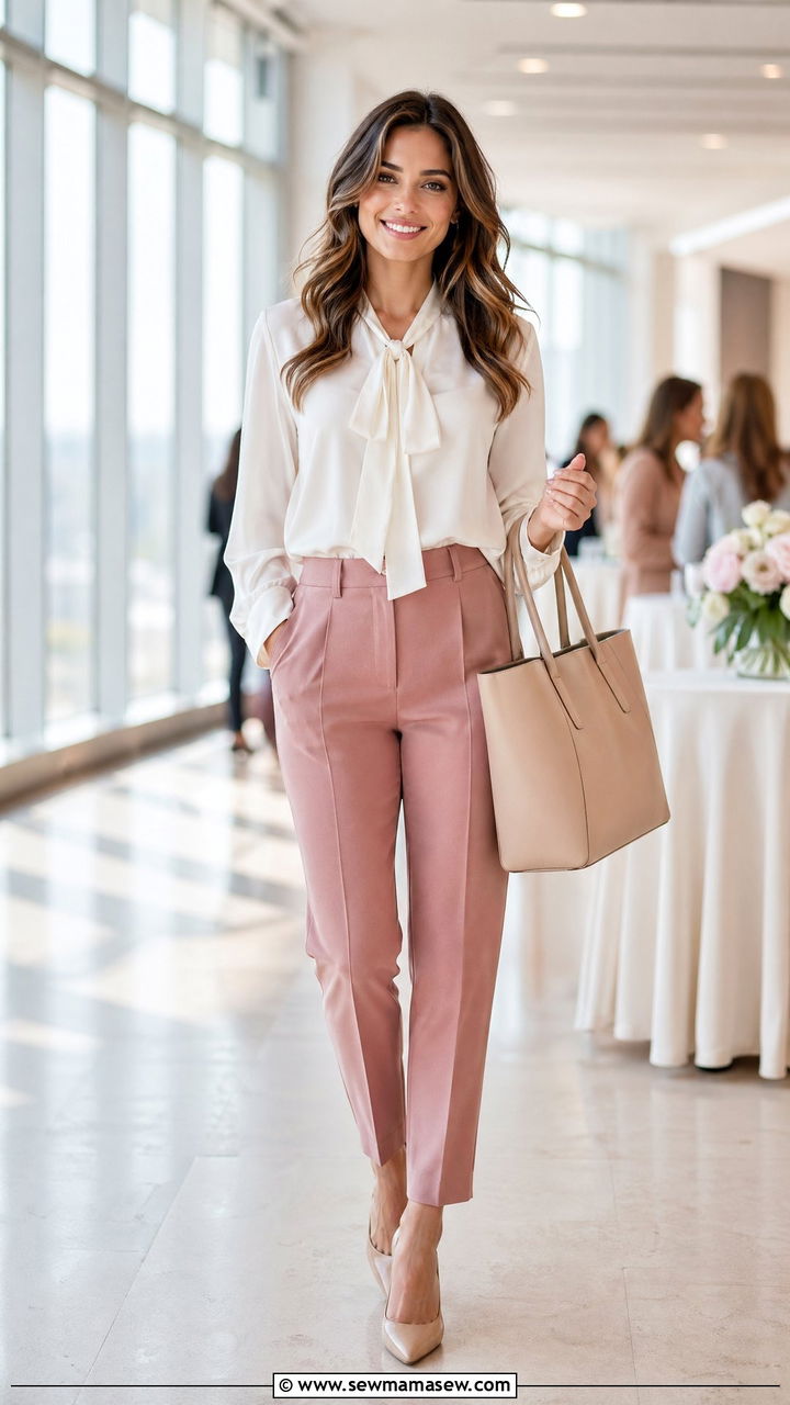 Dusty Rose Trousers With A White Silk Blouse - 35 Conference outfit ideas