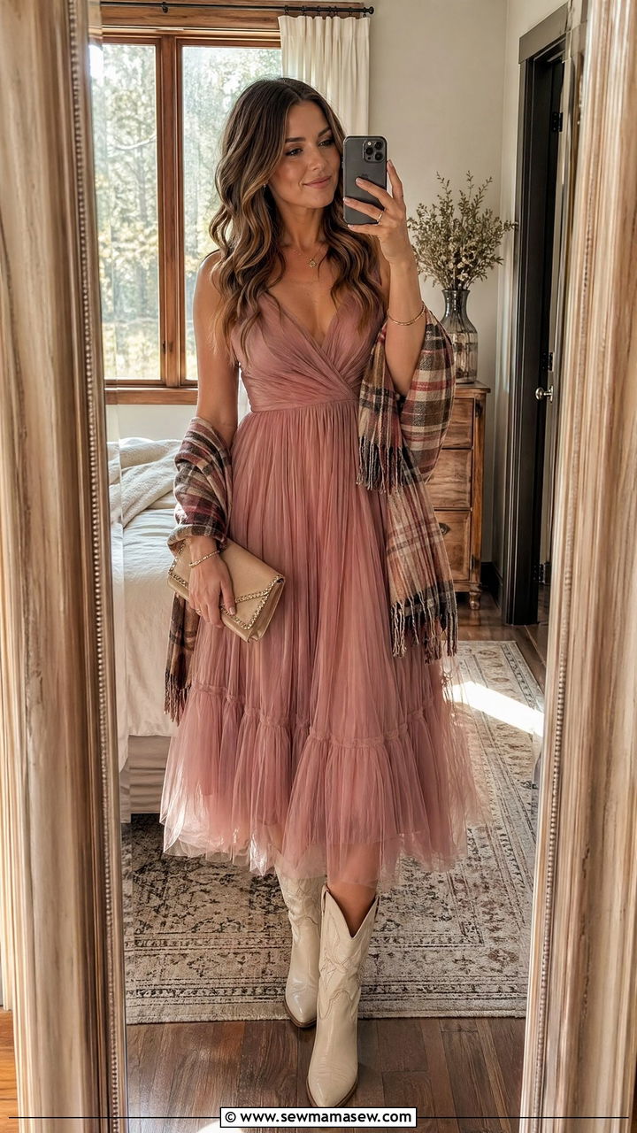 Dusty Rose Tulle Midi with Cowboy Boots - 35 Countryside wedding guest outfit ideas