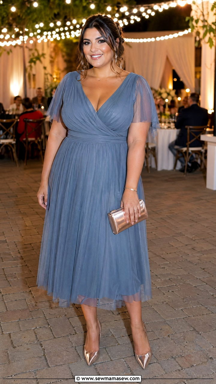 Dusty blue tulle midi dress with metallic clutch - 35 Wedding guest outfits for curvy women