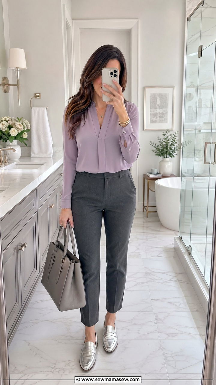 Dusty lavender blouse and charcoal ankle pants - 35 what to wear to a job interview