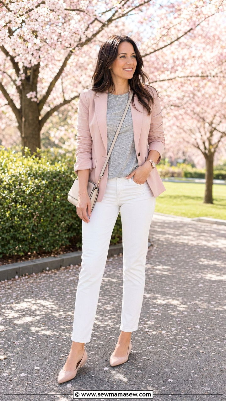 Dusty pink blazer with gray marled tee and white jeans - 30 Age appropriate outfit ideas