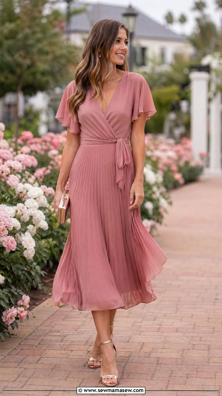 Dusty rose pleated chiffon midi dress wedding guest - 35 Country club wedding guest outfit ideas