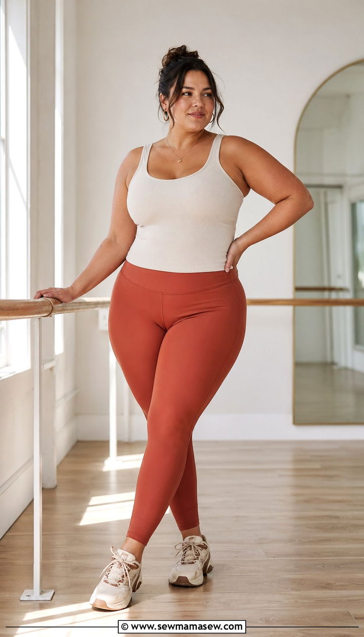 Earth Tone Leggings With Contrasting Tank - 35 Plus size workout outfit ideas