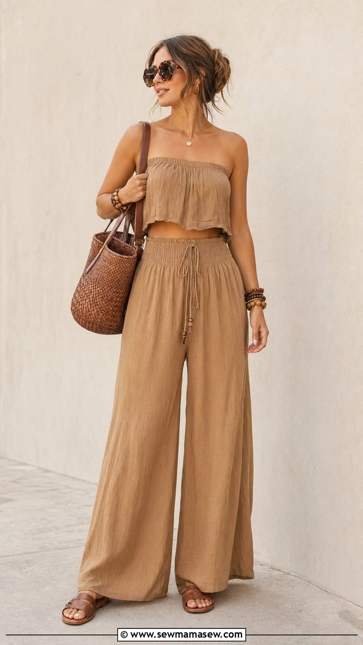 Earth Tone Wide Leg Pants and Crop Top - 30 Weekend music festival outfit ideas