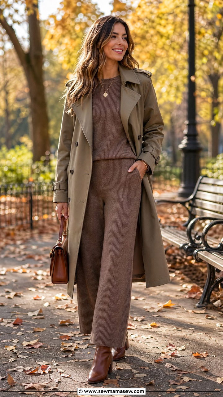 Earth Toned Matching Knit Set With a Trench Coat and Boots - 35 Summer to fall transition outfits