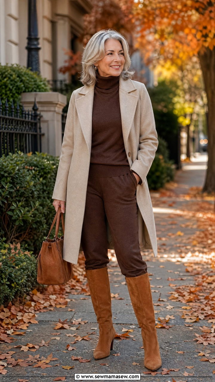 Earth tone knit set with structured coat outfit - 35 Classy outfit ideas for women over 60