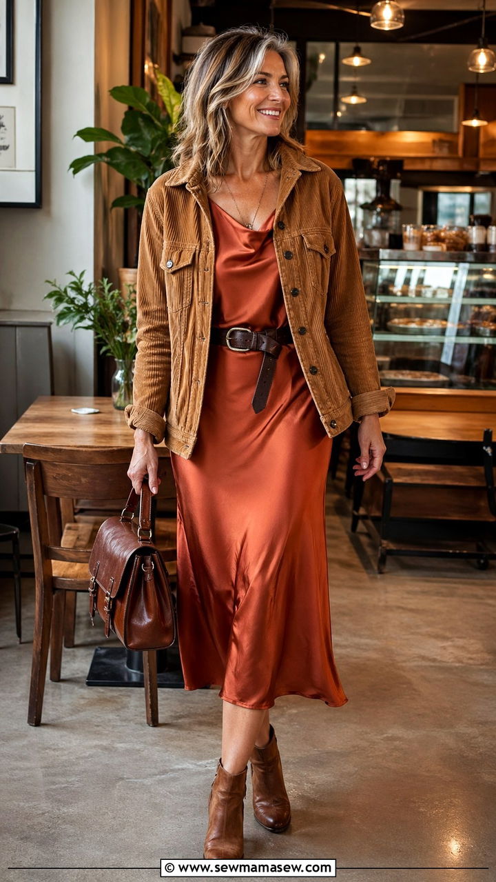 Earth tone satin dress with corduroy jacket - 30 Sophisticated outfit ideas for women over 50