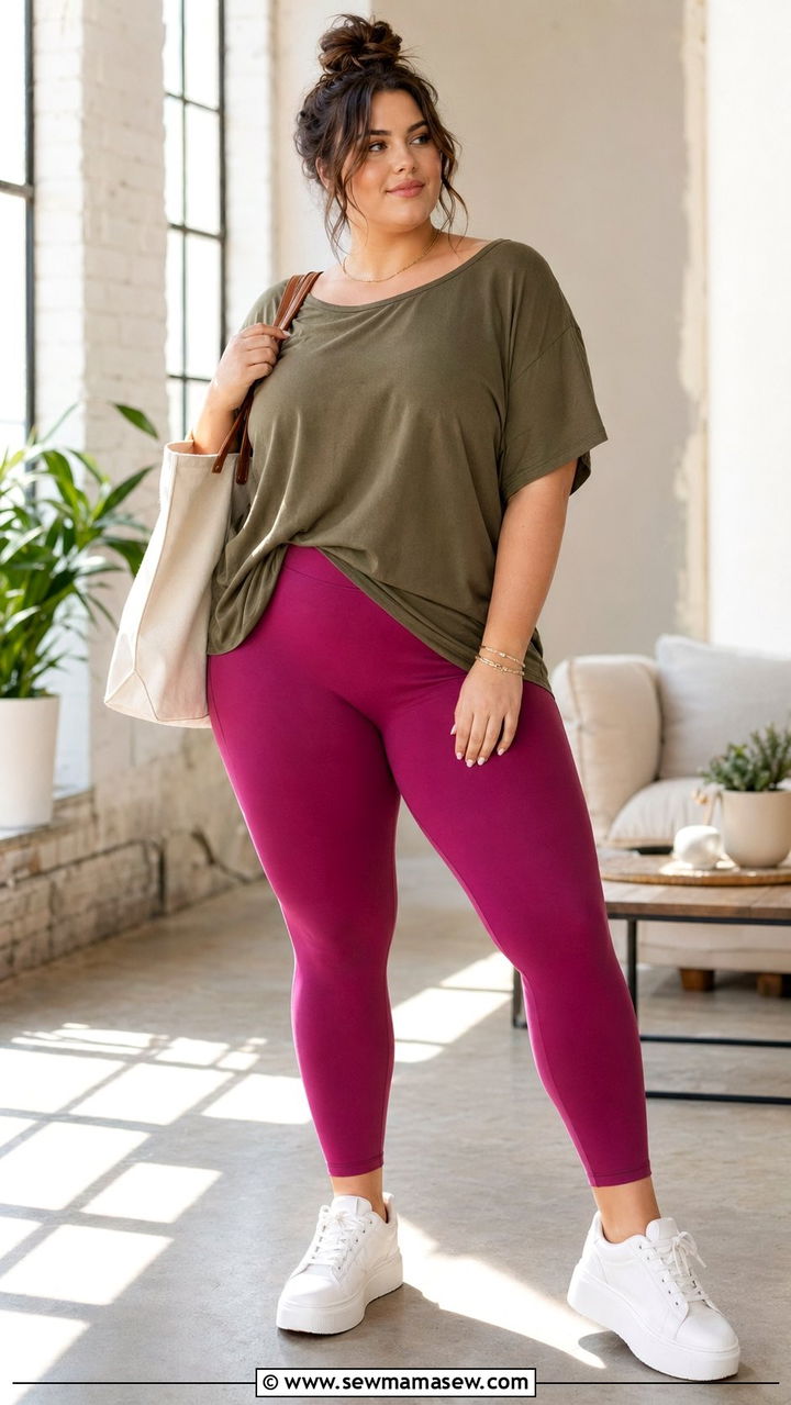 Earthy Tone Top With Vibrant Leggings Outfit - 35 Plus size gym outfit ideas